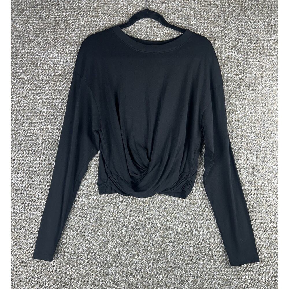 Frame Women’s Long Sleeve Slight Cropped Wrap Around Twist Hem Top Black L Soft